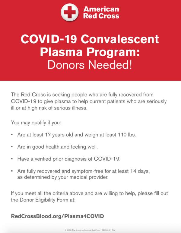 American Red Cross flyer with details about their Plasma Program for COVID-19