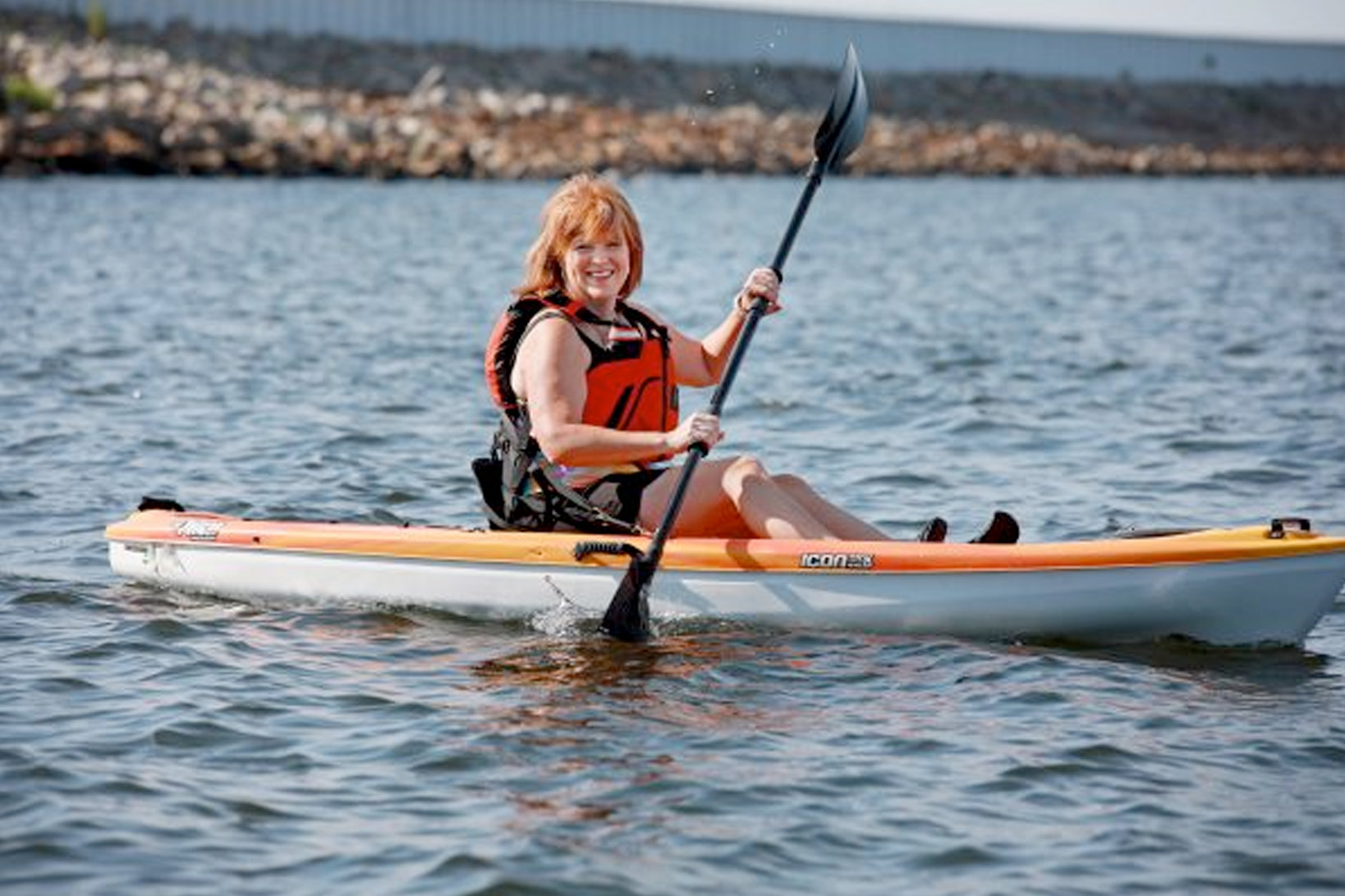 Patient Kate Adkins, kayaking on Lake Murray