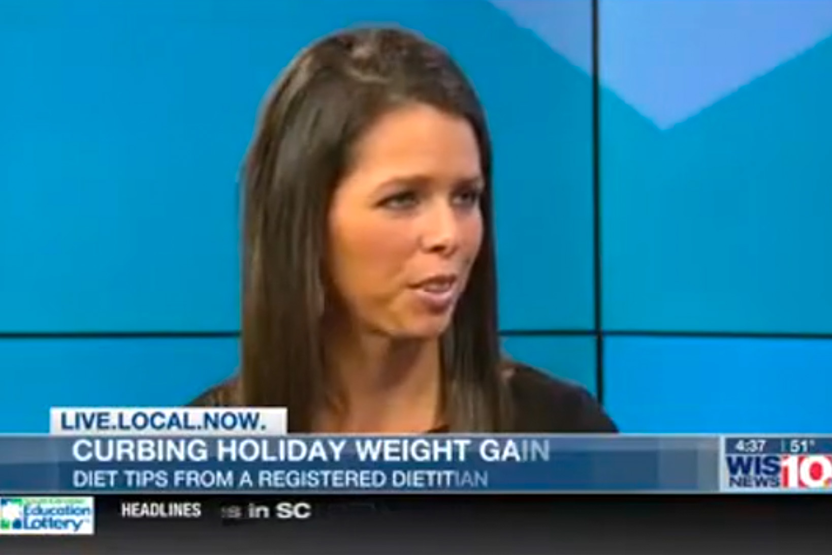 How To Not Gain Weight During the Holidays Emily Kohls speeaking on the set of WIS News 10, with the deadline text Curbing Holiday Weight Gain, Diet Tips from a Registered Dietician under the slogan Live.Local.Now.