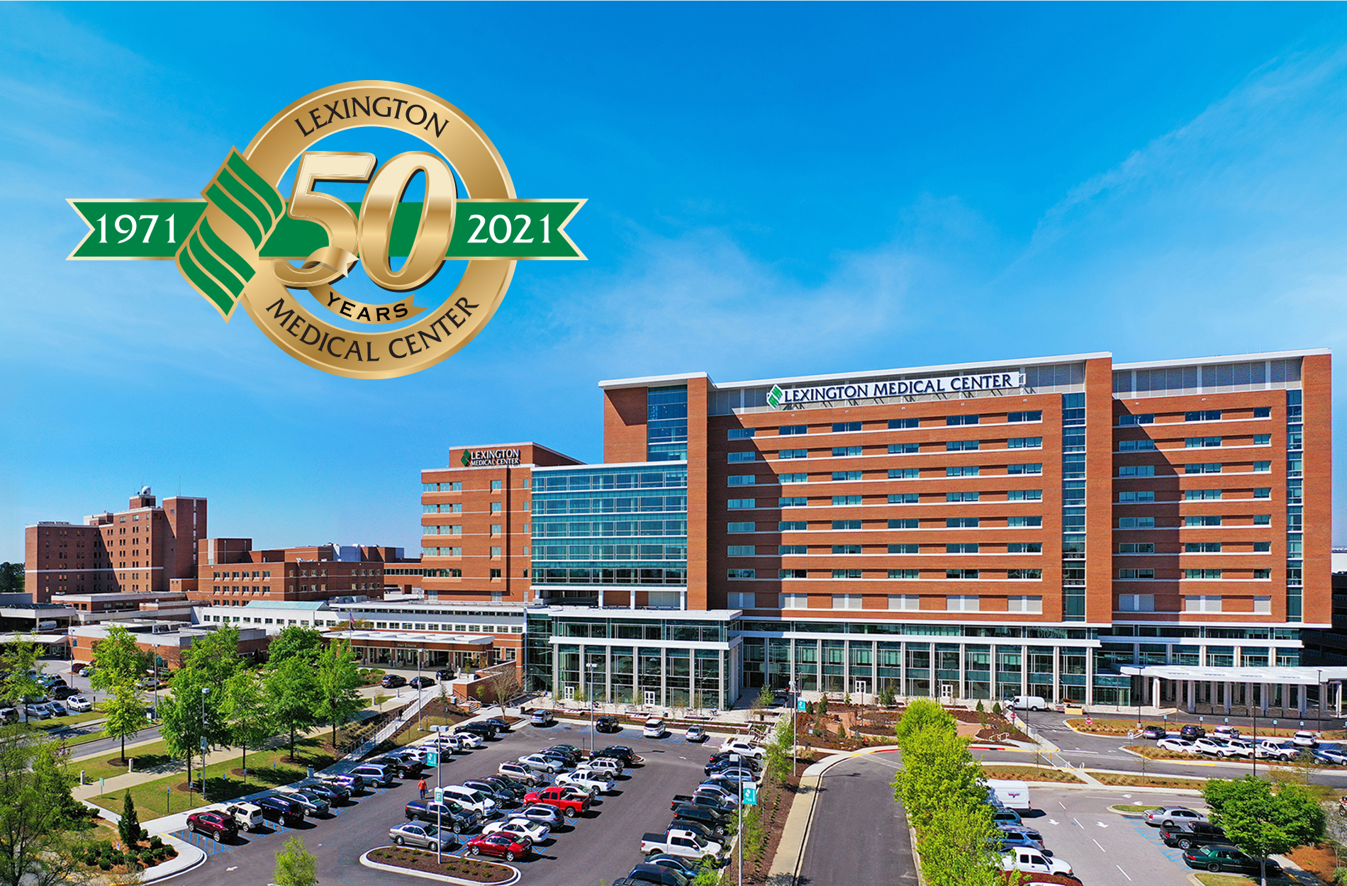 Aerial photo of Lexington Medical Center along with 50th anniversary logo