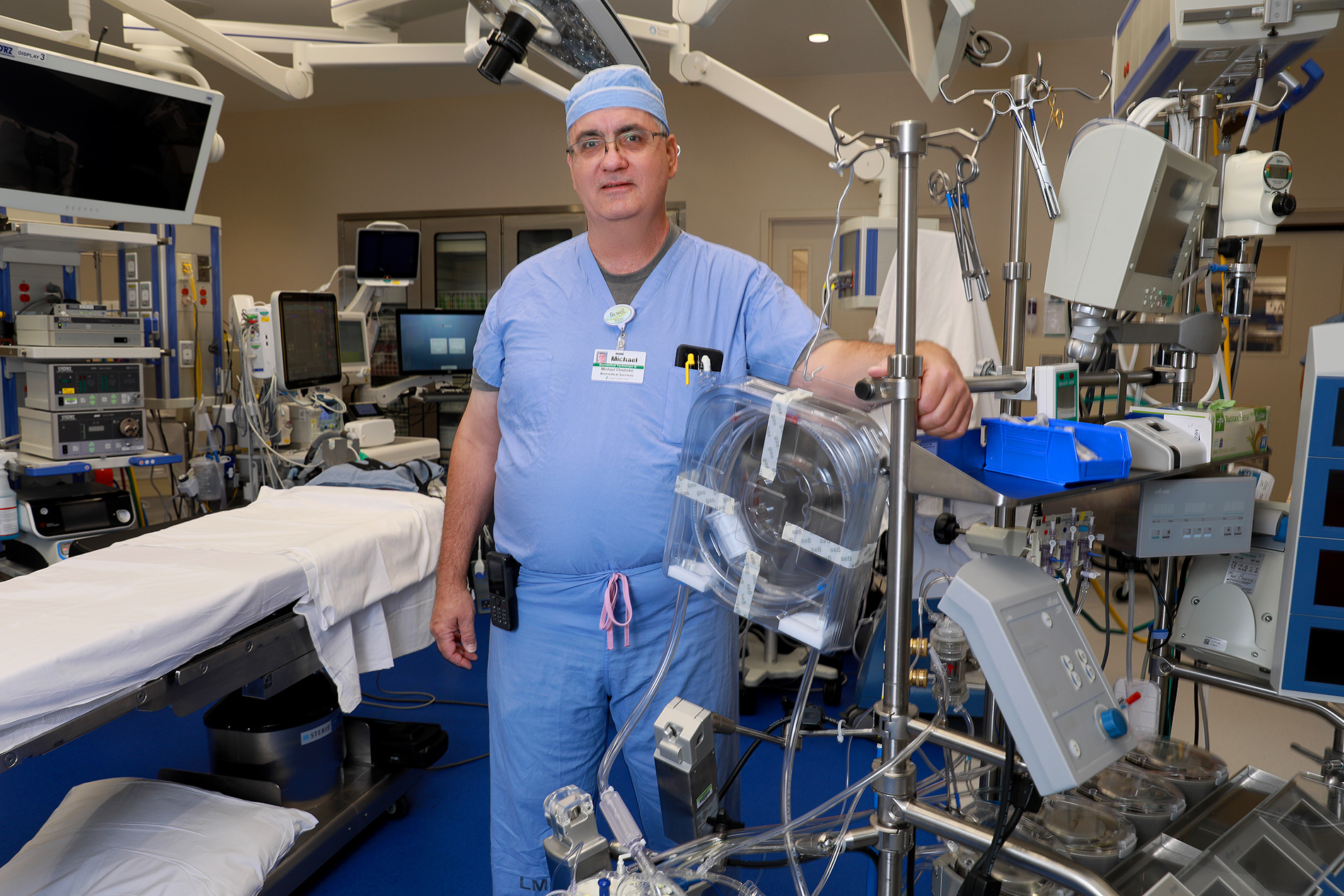 Michael Chisholm surrounded by medical equipment