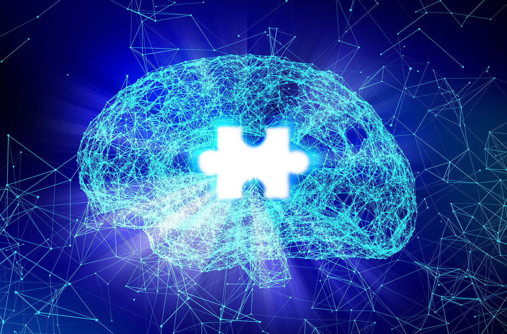 Concept of human brain with neurons with a puzzle piece missing at the center of the brain