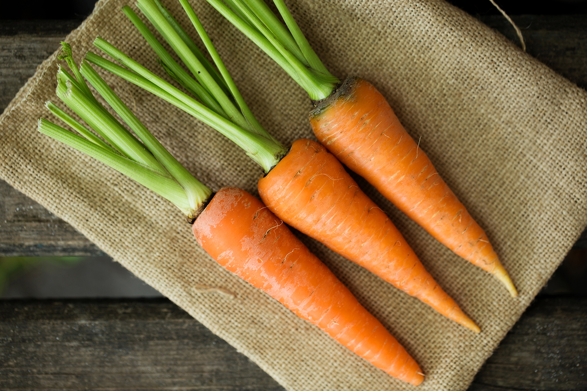 three carrots with green tops laying on burlap bag