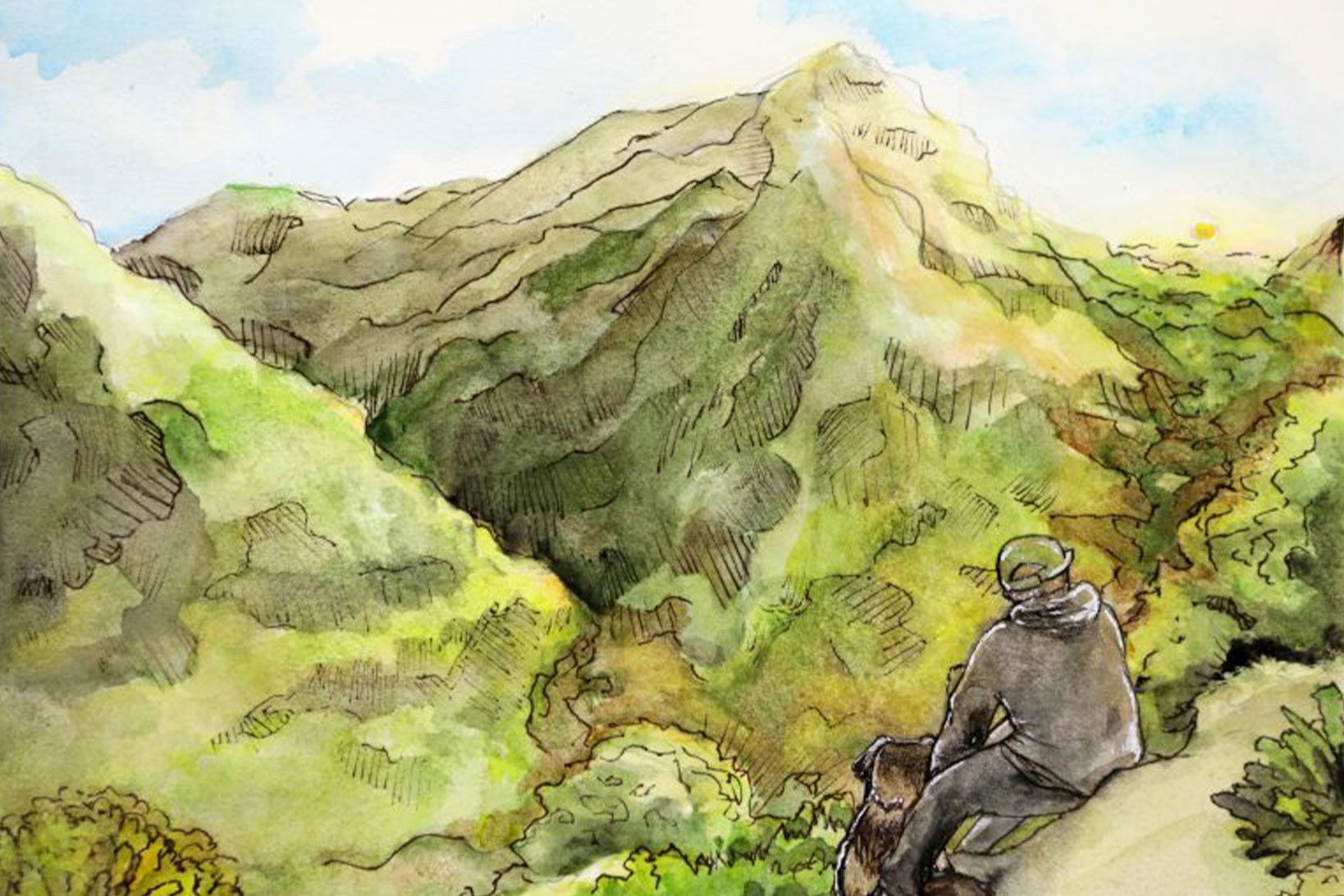 A piece of artwork with a boy in a baseball hat and his dog in the foreground, sitting on the side of a mountain, looking over a large, green and brown valley between two mountains on a sunny day.