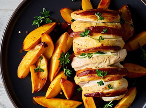 Apple- and Brie-Stuffed Chicken Breast with Sweet Potatoes Apple- and Brie-Stuffed Chicken Breast with Sweet Potatoes