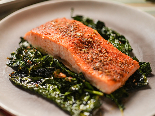 Blackened Salmon with Lemon Garlic Kale